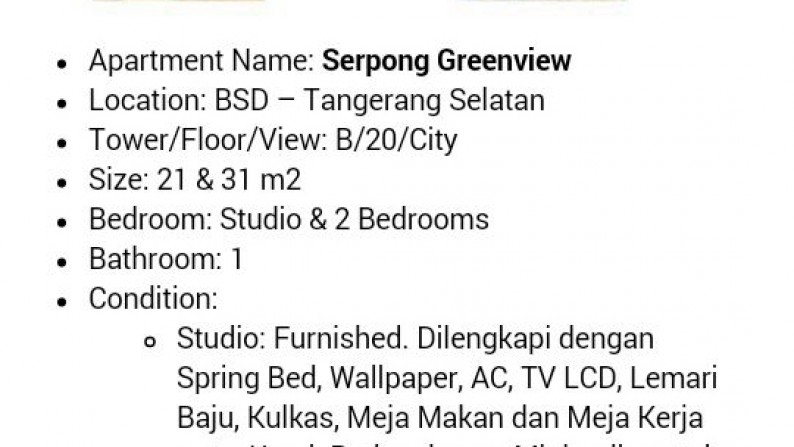 Apartment Sky View Studio Type, BSD